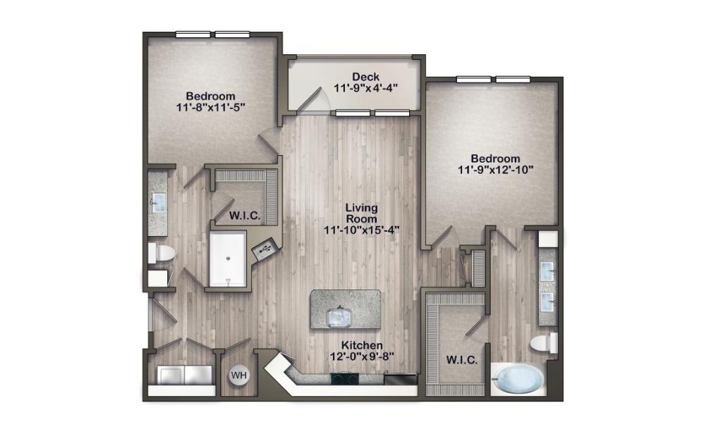 Everglades - 2 bedroom floorplan layout with 2 baths and 1108 square feet.